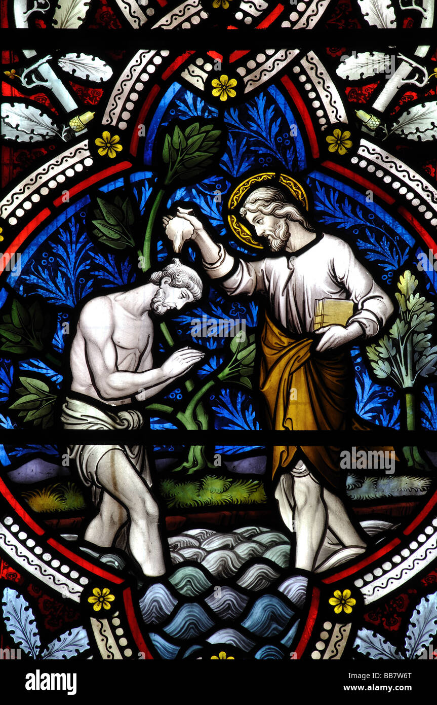 Christ`s baptism stained glass, St.Edith`s Church, Monks Kirby, Warwickshire, England, UK Stock Photo